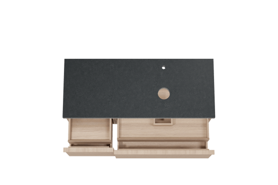 Balmani Forma meuble salle de bains suspendu 135 x 55 cm chêne naturel avec Rock plan vasque asymétrique à droite en granit noir, Nervure droite symétrique horizontale