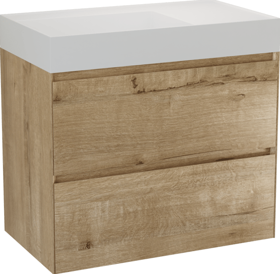 Balmani Mitra Compact zwevend badmeubel 80 x 46 cm ruw eiken met Argila asymmetrisch linkse wastafel in composietmarmer mat wit