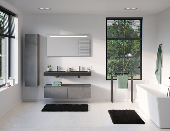 Storke Edge Modulo hängender Waschbeckenunterschrank: 130 x 48 cm, Beton dunkelgrau, 2 Schubladen