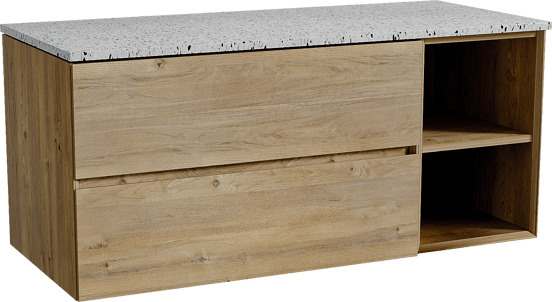 Storke Edge meuble salle de bains suspendu 120 x 52 cm chêne brut avec Tavola tablette simple ou double en blanc/noir mat terrazzo