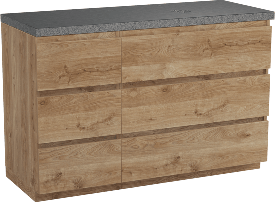 Balmani Lucida staand badmeubel 135 x 55 cm ruw eiken met Rock asymmetrisch rechtse wastafel in zwart graniet