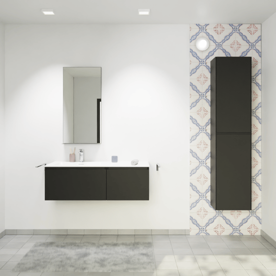 Storke Edge zwevend badmeubel 110 x 52 cm mat zwart met Mata asymmetrisch linkse wastafel in solid surface mat wit