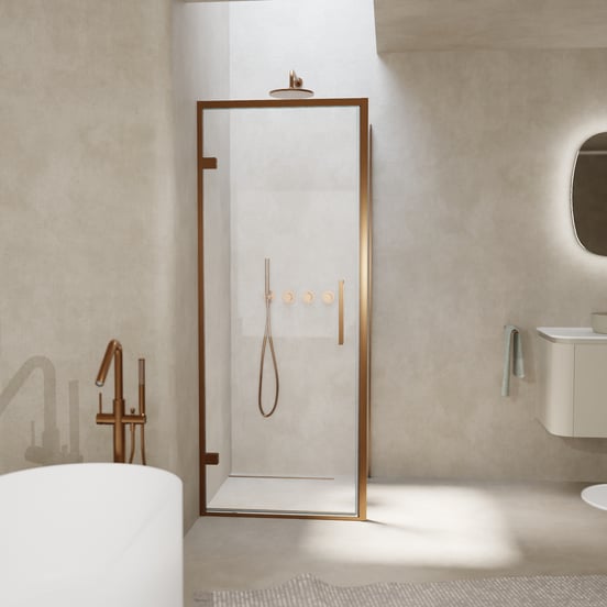 Balmani Senses Design douche en coin avec porte pivotante à gauche et paroi latérale fixe, 90 x 70 cm, Verre transparent, Profil Brushed Rosegold, coating inclus