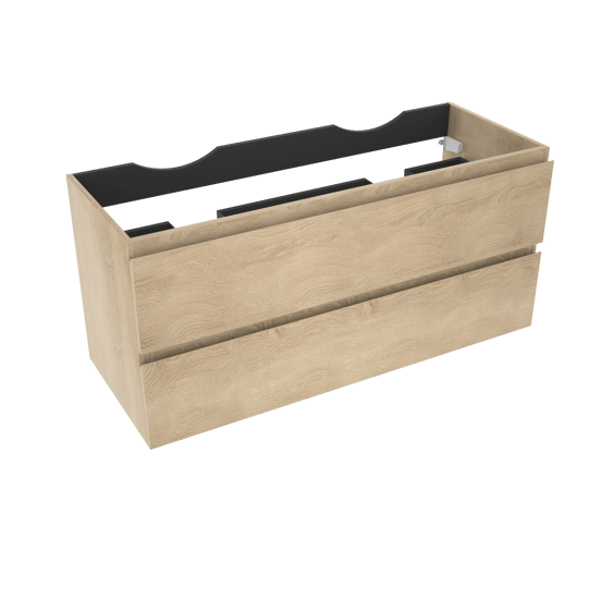 Linie Lado hängender Waschbeckenunterschrank: 120 x 46 cm, Eiche Weiß, 2 Schubladen, 2 Siphonaussparungen