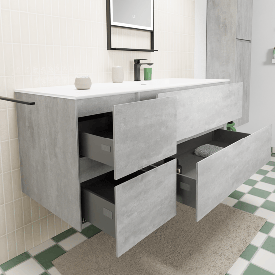 Storke Edge meuble salle de bains suspendu 130 x 52 cm béton gris foncé avec Mata plan vasque asymétrique à droite en solid surface blanc mat