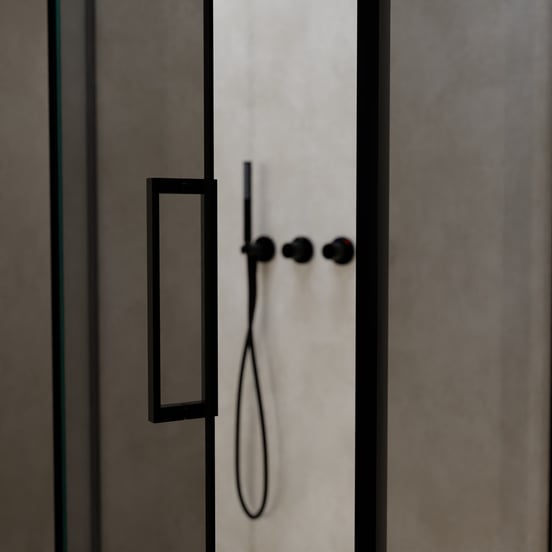 Balmani Senses Design douchecabine met linkse draaideur en vaste zijwand, 100 x 100 cm, Reflex spiegelglas, Zwarte profielen