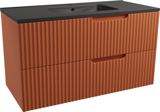 Linie Ribbo zwevend badmeubel 100 x 46 cm cotto met Vano enkele wastafel in composietmarmer mat zwart, Verticale symmetrische ronde ribbel