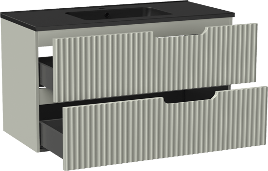 Linie Ribbo zwevend badkamermeubel 100 x 46 cm greige met Vano enkele wastafel in composietmarmer mat zwart, Verticale symmetrische ronde ribbel