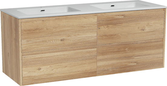 Storke Seda hängendes Möbelstück Set: 150 x 52 cm, Rohe Eiche, mit Diva Doppelwaschtisch, Marmorkomposit Weiß glänzend