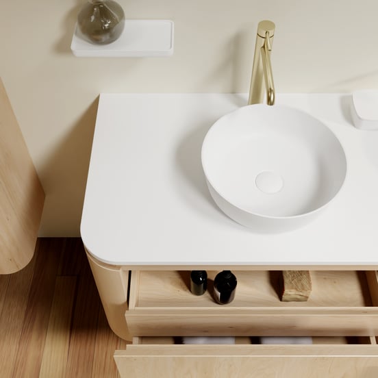 Balmani Moon hängendes Möbelstück Set: 100 x 55 cm, Naturbelassene Eiche, mit Moon Einzel Waschtischplatte, Solid Surface Weiß matt