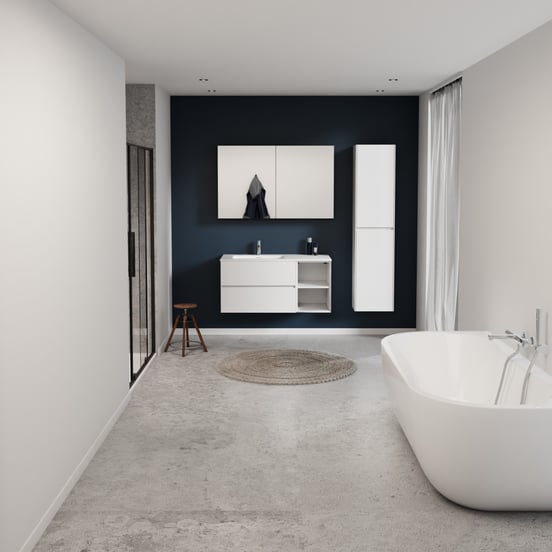 Storke Edge zwevend badmeubel 110 x 52 cm hoogglans wit met Mata asymmetrisch linkse wastafel in solid surface mat wit