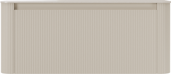 Storke Soft zwevend badmeubel 120 x 46 cm Sand mat met Tavola Soft enkel of dubbel wastafelblad in solid surface beige granita, Verticale symmetrische rechte ribbel
