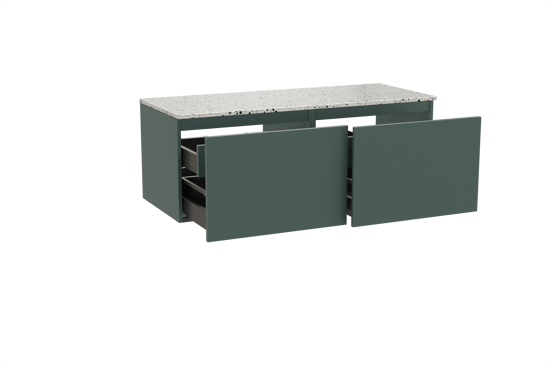 Balmani Sfera zwevend badkamermeubel 135 x 55 cm forest met Stretto enkel of dubbel tablet in mat wit/zwart terrazzo