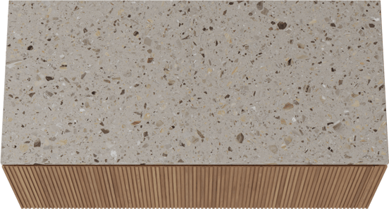 Balmani Eclips zwevend badmeubel 120 x 55 cm Teakhout met Stretto enkel of dubbel wastafelblad in Greige terrazzo, Verticale symmetrische rechte ribbel