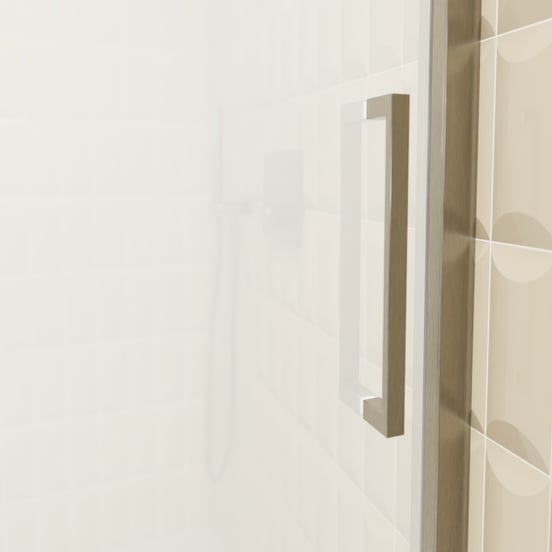 Balmani Senses Design Dusche Schiebetür, Links, 140 cm x 210 cm, Klarglas mit mattiertem Streifen, Profil Brushed GunMetal, inklusive Coating