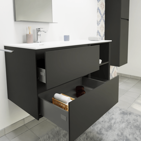 Storke Edge zwevend badmeubel 110 x 52 cm mat zwart met Mata asymmetrisch linkse wastafel in solid surface mat wit