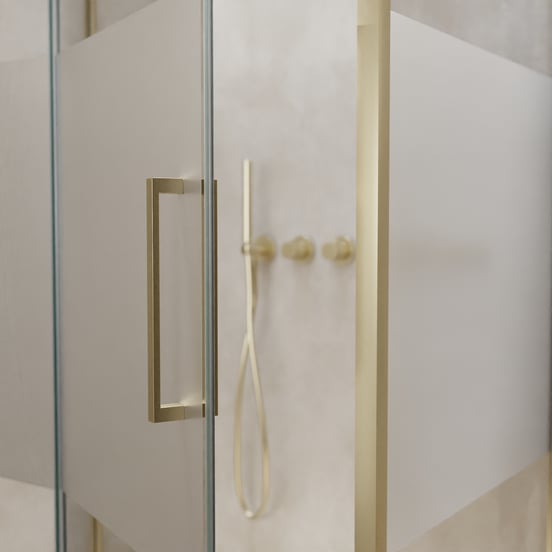 Balmani Senses Design douche en coin avec porte pivotante à gauche et paroi latérale fixe, 100 x 90 cm, Verre transparent avec bande matte, Profil Brushed Champagne Gold, coating inclus, coating inclus