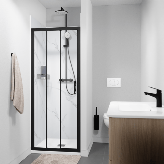 Linie Cadiz driedelige douche schuifdeur 80 cm x 190 cm Helder glas mat zwart profiel