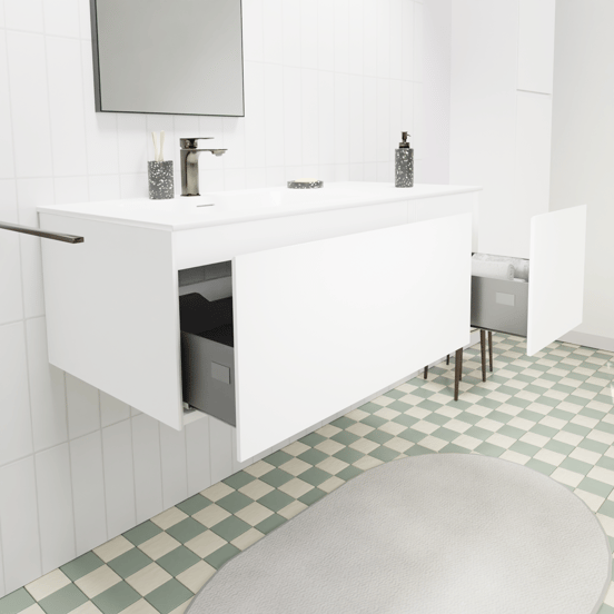 Storke Edge zwevend badmeubel 110 x 52 cm mat wit met Mata asymmetrisch linkse wastafel in solid surface mat wit