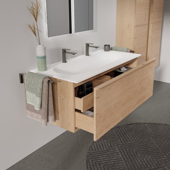 Balmani Forma zwevend badmeubel 120 x 55 cm naturel eiken met Tablo Arcato enkele wastafel voor 2 kraangaten in solid surface mat wit, Horizontale symmetrische rechte ribbel