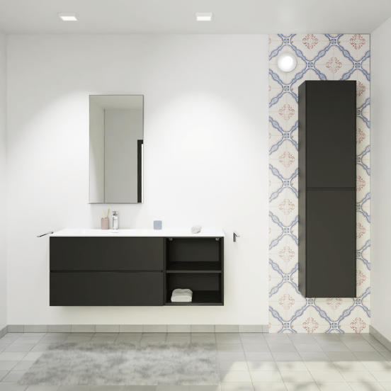 Storke Edge zwevend badmeubel 130 x 52 cm mat zwart met Mata asymmetrisch linkse wastafel in solid surface mat wit