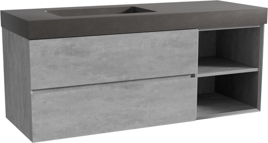 Storke Edge meuble salle de bains suspendu 140 x 52 cm béton gris foncé avec Scuro High plan vasque asymétrique à gauche en quartz noir mat