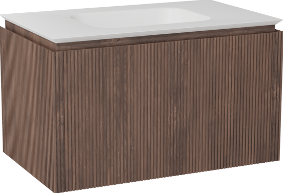 Balmani Eclips zwevend badmeubel 90 x 55 cm Amerikaans notenhout met Eclips enkele wastafel in Solid Surface mat wit, Verticale symmetrische rechte ribbel