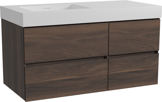 Storke Edge zwevend badmeubel 110 x 52 cm notenhout met Mata High asymmetrisch linkse wastafel in solid surface mat wit