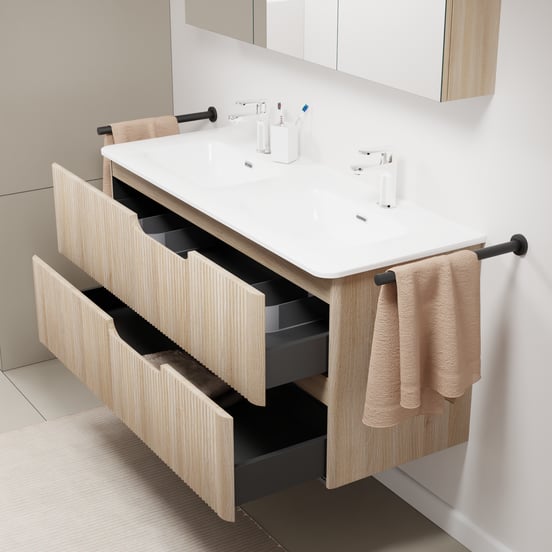 Linie Curvo meuble salle de bains suspendu 120 x 46 cm chêne clair avec Baro Curvo double vasque en porcelaine blanc brillant, Nervure circulaire symétrique verticale