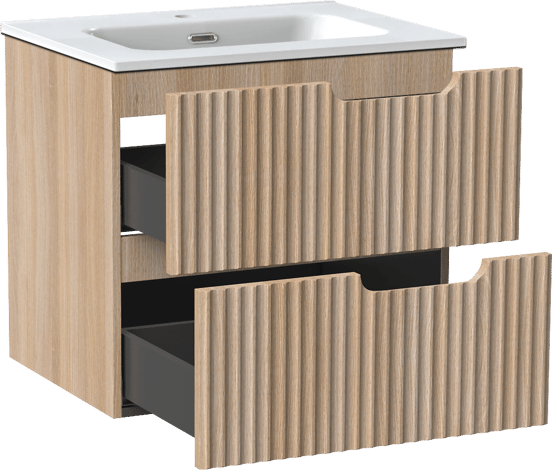 Linie Ribbo zwevend badmeubel 60 x 46 cm licht eiken met Baro enkele wastafel in porselein hoogglans wit, Verticale symmetrische ronde ribbel