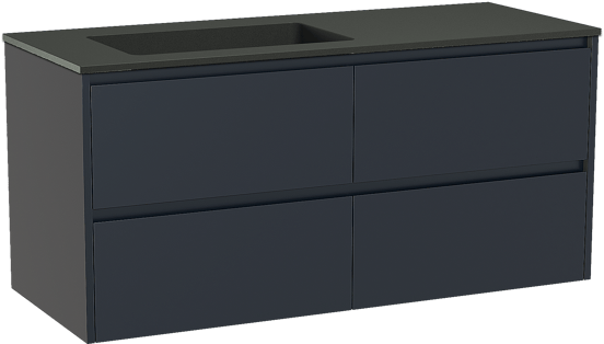 Storke Seda zwevend badkamermeubel 130 x 52 cm nachtblauw met Scuro asymmetrisch linkse wastafel in kwarts mat zwart