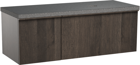 Balmani Forma zwevend badmeubel 135 x 55 cm gerookt eiken met Rock asymmetrisch rechtse wastafel in zwart graniet, Verticale symmetrische rechte ribbel