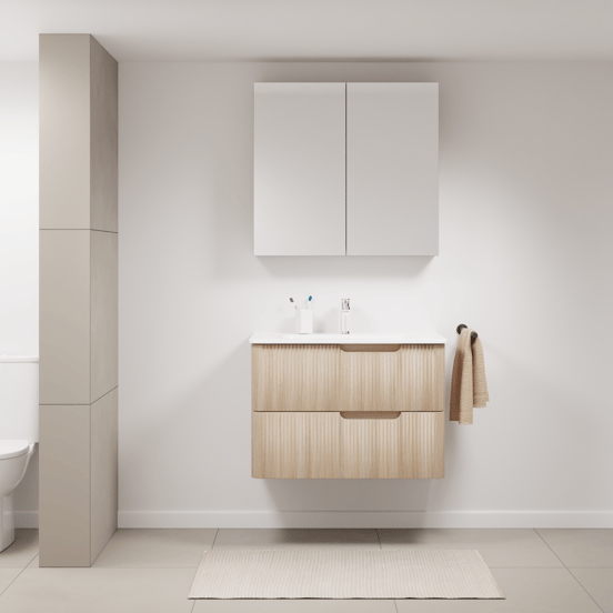 Linie Curvo meuble salle de bains suspendu 80 x 46 cm chêne clair avec Baro Curvo plan simple en porcelaine blanc brillant, Nervure circulaire symétrique verticale