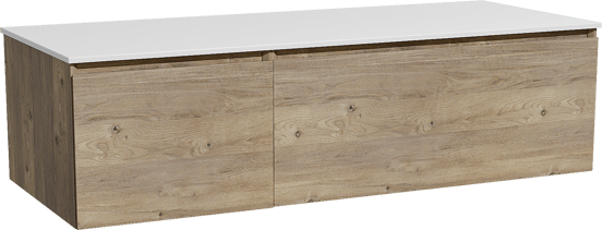 Storke Edge zwevend badmeubel 130 x 52 cm ruw eiken met Tavola enkel of dubbel wastafelblad in solid surface mat wit
