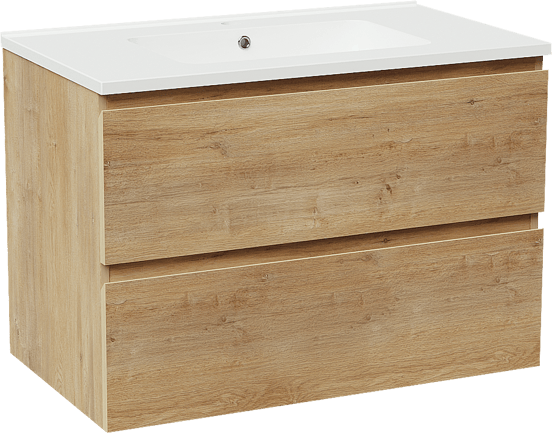 Linie Lado meuble salle de bains suspendu 80 x 46 cm chêne naturel avec Vano plan simple en marbre composite blanc brillant