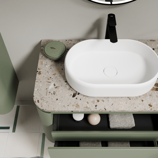 Balmani Moon zwevend badkamermeubel 160 x 55 cm saliegroen met Moon enkel of dubbel tablet in terrazzo greige terrazzo