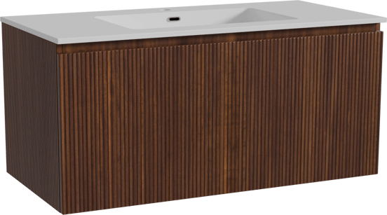 Storke Ribs zwevend badmeubel 105 x 52 cm notenhout met Diva enkele wastafel in composietmarmer hoogglans wit, Verticale symmetrische rechte ribbel