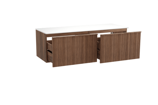 Balmani Forma hängendes Möbelstück Set: 150 x 55 cm, Amerikanischer Nussbaum, mit Stretto Einzel- oder Doppel Waschtischplatte, Solid Surface, Weiß matt, Vertikale asymmetrische Runde Rippe