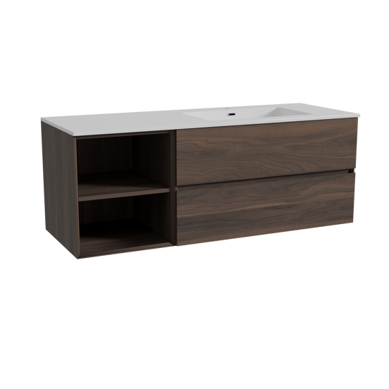 Storke Edge zwevend badkamermeubel 140 x 52 cm notelaar met Diva asymmetrisch rechtse wastafel in composietmarmer glanzend wit