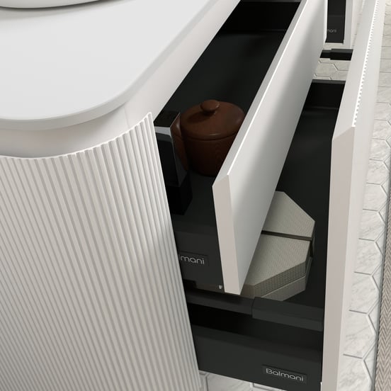 Balmani Moon zwevend badkamermeubel 100 x 55 cm mat wit met Moon enkel tablet in solid surface mat wit, Verticale symmetrische rechte ribbel