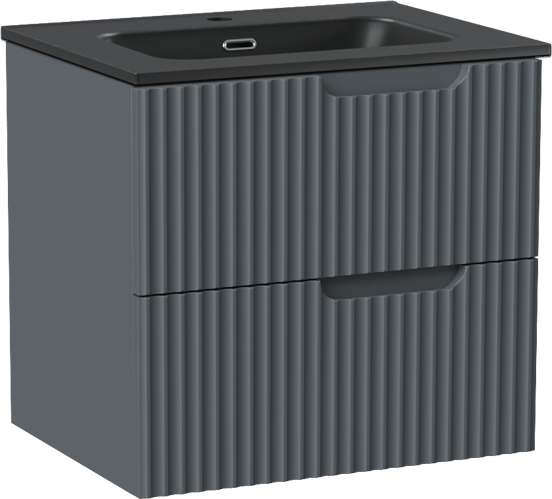 Linie Ribbo zwevend badmeubel 60 x 46 cm blauw antraciet met Baro enkele wastafel in porselein mat zwart, Verticale symmetrische ronde ribbel