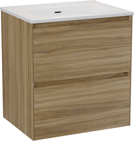 Balmani Mitra Compact zwevend badmeubel 60 x 46 cm wild eiken met Nostra enkele wastafel porselein hoogglans wit