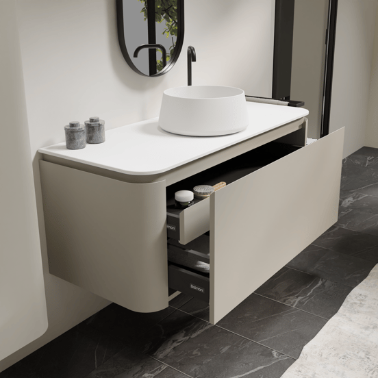 Balmani Moon hängendes Möbelstück Set: 130 x 55 cm, Seidengrau, mit Moon Einzel- oder Doppel Waschtischplatte, Solid Surface Weiß matt