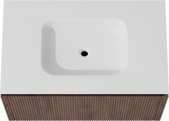 Balmani Eclips zwevend badmeubel 90 x 55 cm Amerikaans notenhout met Eclips enkele wastafel in Solid Surface mat wit, Verticale symmetrische rechte ribbel