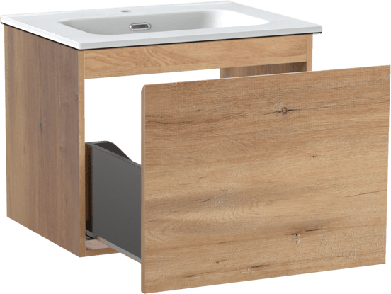 Linie Lado zwevend badmeubel 60 x 46 cm naturel eiken met Baro enkele wastafel in porselein mat wit
