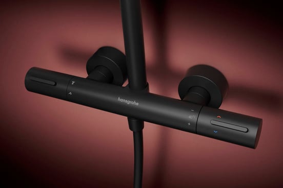 Hansgrohe Raindance Alive S Puro Showerpipe Duschsystem 300 1jet mit Ecostat Element Thermostat, Schwarz Matt