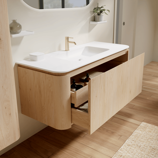 Balmani Moon meuble salle de bains suspendu 130 x 55 cm chêne naturel avec Moon plan simple en solid surface blanc mat