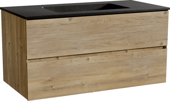 Storke Edge zwevend badmeubel 105 x 52 cm ruw eiken met Scuro enkele wastafel in kwarts mat zwart
