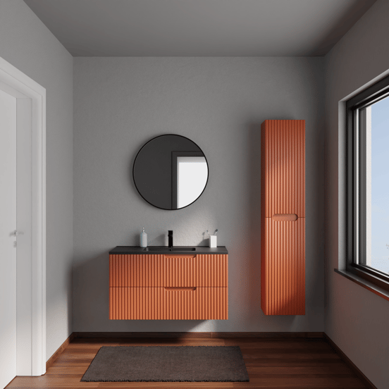 Linie Ribbo zwevend badmeubel 100 x 46 cm cotto met Vano enkele wastafel in composietmarmer mat zwart, Verticale symmetrische ronde ribbel