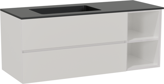 Storke Edge zwevend badmeubel 130 x 52 cm hoogglans wit met Scuro asymmetrisch linkse wastafel in kwarts mat zwart